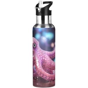 Pink Light Cool Art Octopus Sport Waterfles Geïsoleerde Roestvrijstalen Grote Vacuümfles, Lekvrije Thermosfles met rietje voor reizen (600 ml/1000 ml)