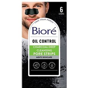Bioré Houtskool mee-eterverwijderaar voor heren, poriënstrips, neusstrips voor onmiddellijke verwijdering van mee-eters op een vette huid, met natuurlijke houtskool om poriën te ontstoppen, 6 stuks