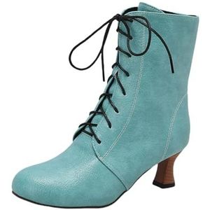 Traditionele Laarzen Met Hak Dames Enkellaarsjes In Grote Maten Retro Middeleeuwse Ankle Boots PU Leren Booties Hoge Hakken Met Bandjes Herfst-winter Enkelschoenen(Green,43 EU)