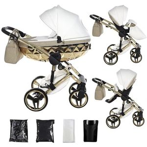 Junama Kinderwagen Diamond Hand Craft Glitter 2in1 3in1 4in1 (02 - wit en goud, 2in1)