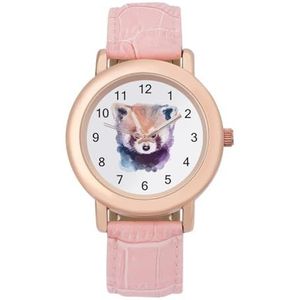 Aquarel Leuke Rode Panda Vrouwen Horloge PU Band Polshorloge Quartz Roze Valentijnsdag Gift