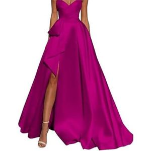 Strapless Galajurken Lange Baljurk Satijn Trouwjurk voor Bruid A Lijn Formele Avondfeestjurken met spleet, Fuchsia, 56 NL/Plus