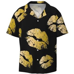 EdWal Gouden Lippen Print Heren Korte Mouw Button Down Shirts Casual Losse Fit Zomer Strand Shirts Heren Jurk Shirts, Zwart, XL