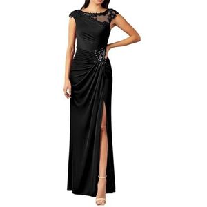 Dames chiffon moeder van de bruid jurk met zakken avondgalajurken cocktailjurk grote maten, Zwart, 32