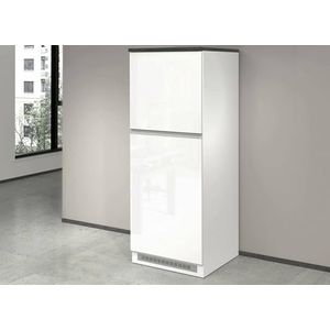 Dmora Keukenkast Plinio, multifunctionele kast, kast voor koelkast met 2 deuren, 100% Made in Italy, 60 x 60 x 165 cm, wit glanzend, leikleurig