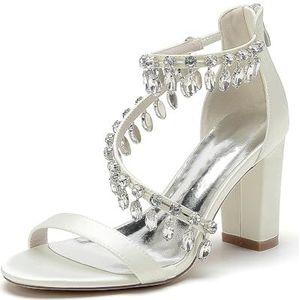 GHSIRUEU Vrouwen blok hoge hak sandalen Open Teen Strappy Strass Satijn Bruids bruiloft avond Prom jurk schoenen,ivoor,36 EU