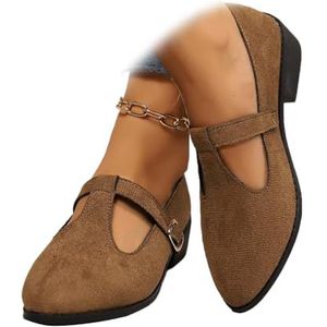 Mary Jane Schoenen voor dames, PU lederen penny loafers klassieke T-riem ballerina's, instappers, casual, geklede schoenen voor kantoor werk, Bruin, 33 EU