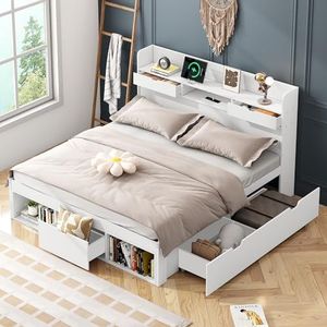 Mielvu Tweepersoonsbed, 180 x 200 cm, met USB-poort en laden en opbergkast, kinderbed, tienerbed, multifunctioneel bed, grote opbergruimte, zonder matras, wit