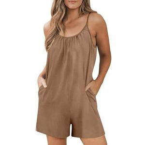 BANGHA Jumpsuits Voor Vrouwen Zomer Casual Vrouwelijke Romper Zomer Mode Casual Zachte Katoen Korte Jumpsuit Spaghetti Band Mouwloze Overalls Losse Fit Met Zakken, Kaki, XL