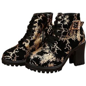 Gotische Enkellaarsjes Met Gesp Veterlaarzen for Dames In Grote Maten Bikerbooties Met Rits Enkellaarsjes Met Blokhak Retro Suède Hoge Hakken for Herfst,winter(Gold,43 EU)