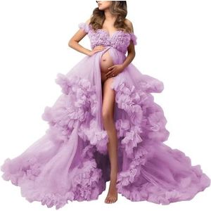 KIYNE Zwangerschapsjurk voor dames, voor fotoshoot, schoudervrij, tule lingerie, lange gewaad, zwangerschapsjurk voor babyborrel, Lila, 32