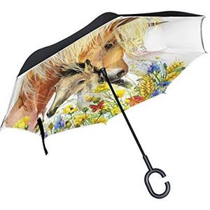 RXYY Winddicht Dubbellaags Vouwen Omgekeerde Paraplu Aquarel Paard Bloemen Vlinder Waterdichte Reverse Paraplu voor Regenbescherming Auto Reizen Outdoor Mannen Vrouwen