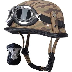 Retro Duitse leren motorfiets halve helm DOT/ECE goedgekeurde volwassen mannen vrouwen open gezicht helm, met masker bril, voor cruiser scooter bromfiets chopper jethelm F,XL=61-62cm