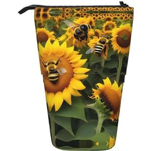 Nbtghga Zonnebloem Bijen Print Potlood Telescopische Klassieke Kunsten Stand Up Potlood Case Organizer Potlood Houder Make-up Tas Gift, Zwart, Eén maat