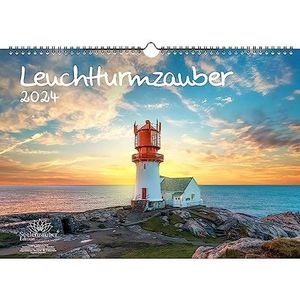 Leuchtturmmagie DIN A3 kalender liggend formaat voor 2024 kust vuurtoren - geschenkset inhoud: 1x kalender, 1x kerstkaart (in totaal 2 stuks)