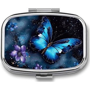 Galaxy Blue Butterfly Pill Case met 2 compartimenten, pillenorganizer, draagbare vierkante pillendoos, vitaminepillenorganizer voor zakportemonnee en reizen