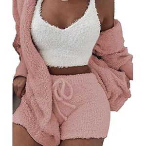 Yuehuamech 3 stuks dames pyjama's hoodies fleece sexy loungewear outfit gebreide cardigan vesten shorts set nachtkleding pyjama jongens nachtkleding voor binnen buiten