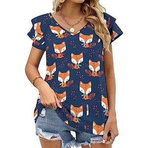 Cartoon dier vos vrouwen casual tuniek tops ruches korte mouwen T-shirts V-hals blouse T-shirt