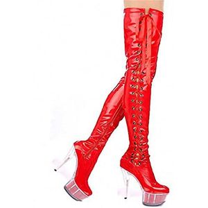 Damesmode Elastische overknee laarzen Sexy Effen kleur Hoge laarzen met linten Grote maat 15cm Transparante dameslaarzen met hoge hakken Geschikt voor prestaties Stage Catwalk(Rood,45)