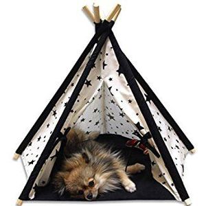 Lily & haar vrienden - Pet Teepee gemaakt van hout en katoen canvas, wasbare hond & kat bed, draagbare hond tenten, huisdieren huizen van Indian Design met katoen canvas pad gestikt, vijf hoeken en vijf zijden, Large, Zwart