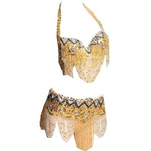 Goud,L,PONNYC Buikdansset Met Pailletten Voor Dames Buikdanskleding Met Kralen BH Top Met Riem 2 Stuks Heupsjaal Met Franje Feestjurk Indiase Bollywood Halloween Outfit