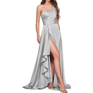 HPPEE Bruidsmeisjesjurken met één schouder en split ruches mouwloze satijnen baljurk lange baljurk, Zilver, 32