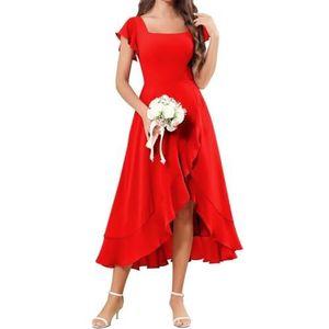 Korte Mouw Bruidsmeisje Jurken voor Bruiloft Hoge Lage Chiffon Formele Avond Party Maxi Gown Thee Lengte AH157, Rood, 34