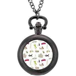 Beroemde Italiaanse Monumenten Vintage Zakhorloge met Ketting Quartz Arabische Cijfer Digitale Schaal Gepersonaliseerde Kerst Verjaardagscadeaus Zwart-stijl