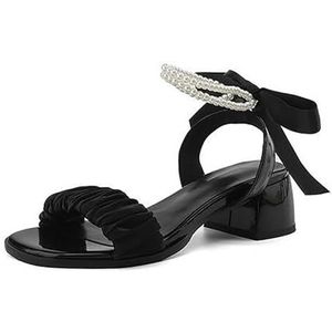 Dames Open Teen Sandalen 2 Inch Blok Lage Hak Parel Strik Enkelband Trouwjurk Schoenen Prom Party Sandalen(Black,43 EU)