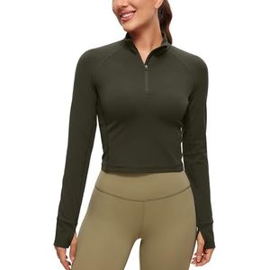 CRZ YOGA Vrouwen Butterleuse 1/2 Rits Lange Mouw Shirt Sport Pullover Crop Tops Fitness Gym Running Sweatshirt met Duimgat Olijfgroen M