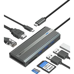 8-in-1 USB-hub, aluminium USB C dockingstation met 4K 60Hz HDMI, 100W Power Delivery, 3 USB-A 3.0, SD/TF-kaartlezer, 1000 m Gigabit Ethernet RJ45, USB-hub voor laptop en meer type C-apparaten