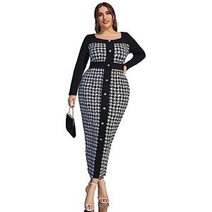 voor vrouwen jurk Plus pied-de-poule bodycon-jurk met nepknopen en split aan de achterkant (Color : Black and White, Size : 4XL)