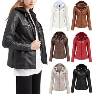 Dames Leren Jas Met Capuchon, Winter Motorjas, Bomberjack, Bikerjack Met Rits, Afneembare Overgangsjas, Imitatieleren Jassen, Plus Size Overgangsjas(Noir,S)