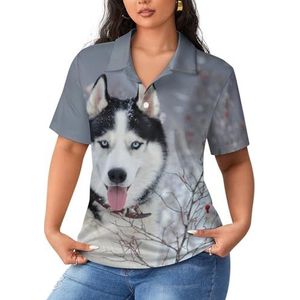 Siberische Husky Hond in Winter Vrouwen Sport Shirt Korte Mouw Tee Golf Shirts Tops Met Knoppen Workout Blouses