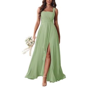 KURFACE Chiffon bruidsmeisjesjurken met split ruches lange bruidsmeisje vloerlengte formele avondjurk, Sage Groen, 32