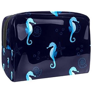 Marineblauwe Marine Zeepaard Zeester Print Reizen Cosmetische Tas voor Vrouwen en Meisjes, Kleine Waterdichte Make-up Tas Rits Pouch Toiletry Organizer, Meerkleurig, 18.5x7.5x13cm/7.3x3x5.1in, Modieus