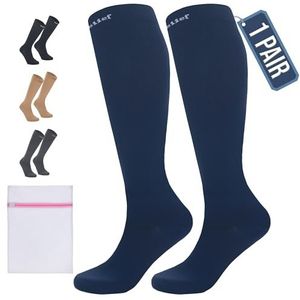 360 Relief 1 Paar Compressiesokken Dammes en Herren - Effen Kleuren Compressiekousen voor Sport, Hardlopen, Vliegen, Reizen, Joggen, Fietsen, Werk - Blauw S/M Kniehoge sokken met Mesh Waszakje