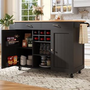 Crlnaup Modern keukeneiland (102 x 45 x 92 cm), keukenkast, buffetkast, eetwagen met houtnerf, buffetkast, multifunctionele eettafel met opbergruimte, zwart