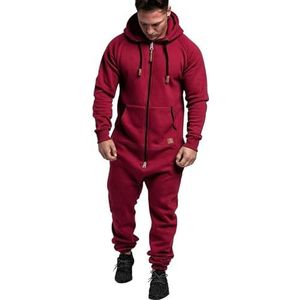 Heren jumpsuit met capuchon ritssluiting eendelige pyjama playsuit Jogger Sweatsuit Overall Romper, Rood, L