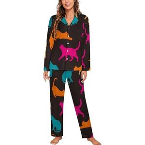 Kleurrijke Katten Silhouet Lange Mouw Pyjama Sets Voor Vrouwen Klassieke Nachtkleding Nachtkleding Zachte Pjs Lounge Sets
