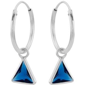 Zilveren oorringen met hanger, driehoekvormige cubic zirkonia steen kleur capri blue
