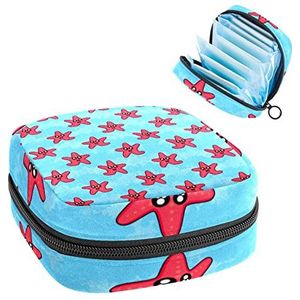 Periode Pouch, Draagbare Tampon Opbergtas voor Maandverband, Gelukkige Funnt Zee Zeester Blauwe Achtergrond, Meerkleurig, 4.7x6.6x6.6 in/12x17x17 cm