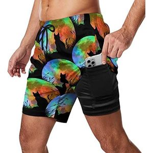 Kat met kleurrijke volle maan zwembroek voor heren, sneldrogend, 2-in-1 strandsportshorts met compressieliner en zak