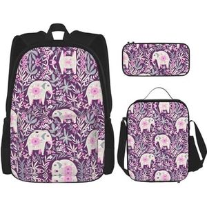 SUHNGE Llama Dier Alpaca Tropische Cactus Print School Rugzak 3-in-1 Boekentas Set met Lunchbox Potlood Case Reizen Laptop Dagrugzakken, Bloem-olifant, Eén maat