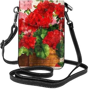 Rode Geraniums Lederen Cross Body Flip Telefoon Tas Met Afneembare Schouderbanden, Gebruikt Voor Reizen, Dating, Vakantie Geschenken, Zwart, Eén maat