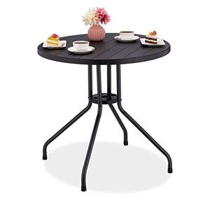 Relaxdays tuintafel, H x Ø: 75 x 80 cm, balkontafel met houtlook, kunststof & staal, ronde eettafel voor de tuin, zwart