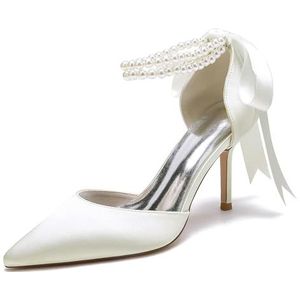 GHSIRUEU Witte Satijnen Hakken voor Vrouwen Hoge Hak met Parels Enkelbandje Trouwschoenen Lint Stropdas Pompen Sandalen,ivoor,35 EU