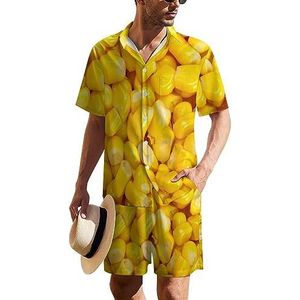 Gele maïskorrel textuur Hawaiiaanse pak voor heren, set van 2 stuks, strandoutfit met korte mouwen en korte mouwen, bijpassende set