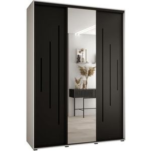 MEBLE KRYSPOL Davos 13 180 Kledingkast met drie schuifdeuren voor slaapkamer - Moderne Kledingkast met spiegel, kledingroede en planken - 235,2x180x60 cm - Wit Zwart Zwart
