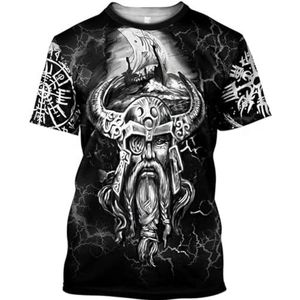 Norse Odin Helm Heren T-shirt, Vintage Viking 3D Print Rune Classic Harajuku Fitness Korte Mouw, Celtic Pagan Outdoor Street Sports Ademende Top (Color : Odin C, Size : S)